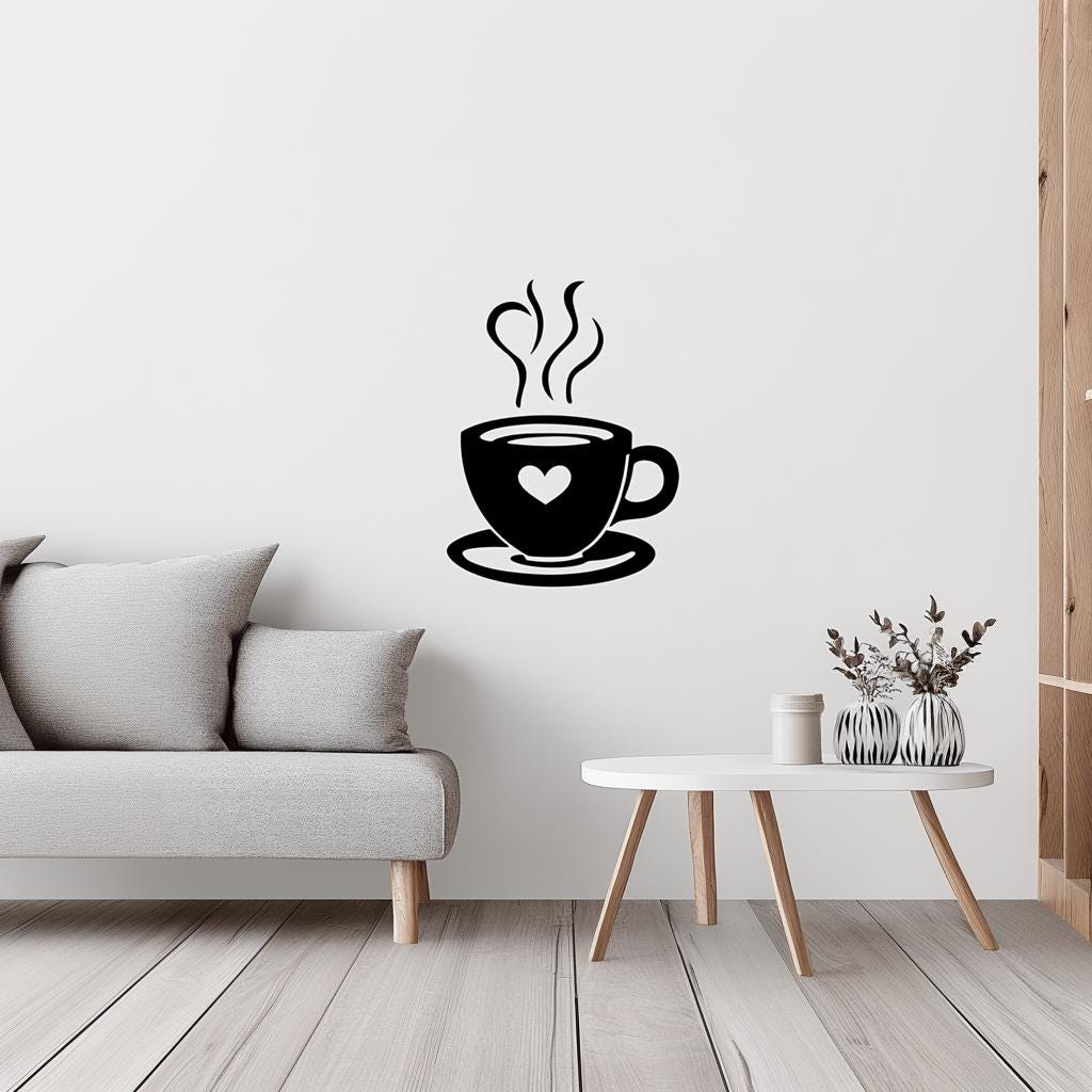 Stylish black coffee cup wall decal with heart detail and steam on white wall, perfect for cozy home decor.
