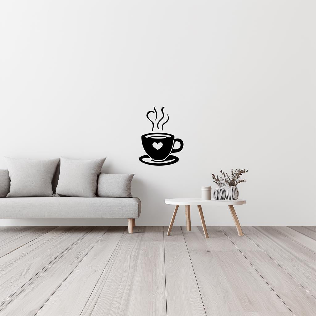 Minimalist coffee cup wall decal with heart detail above a cozy sofa in a modern living space.