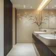 Elegant cherry blossom wall decal in modern bathroom, bringing serenity and sophistication to the decor.