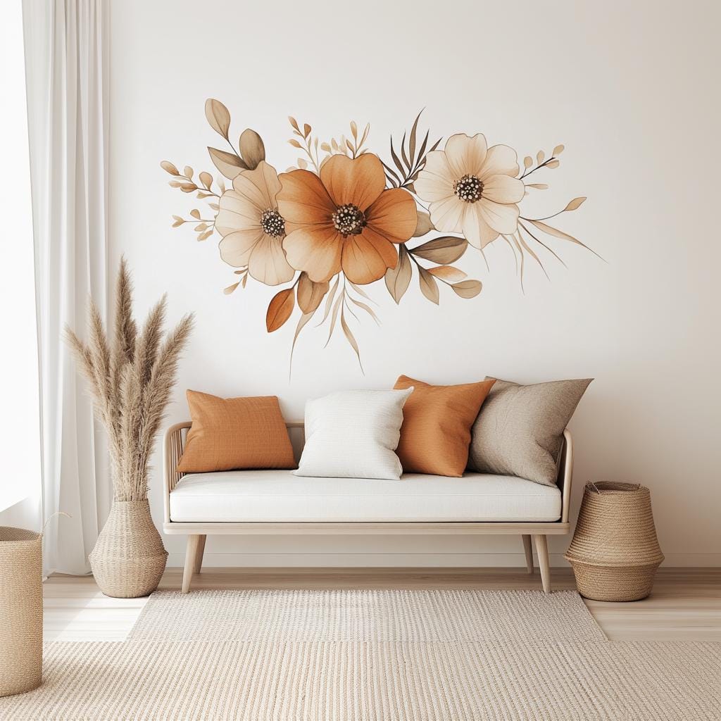 Boho Floral Wall Decal | Watercolor Flower Vinyl Sticker | Warm-Tone Botanical Mural | Aesthetic Living Room & Bedroom Decor | Peel Stick