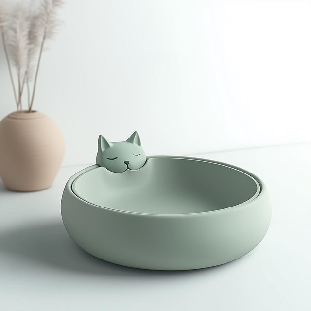 Cute green cat-shaped bowl with minimalist design, perfect for feeding pets in a modern home.