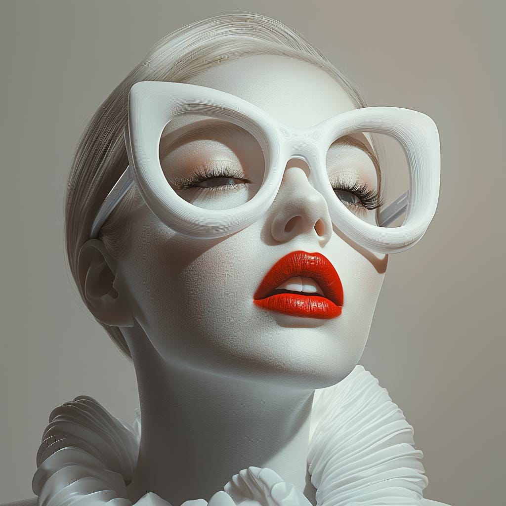 Futuristic oversized cat eye glasses on model with bold red lips and white fashion statement outfit.