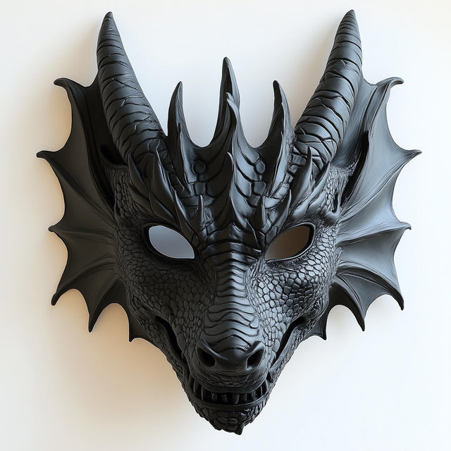 3D printed dragon mask with intricate scales and fierce horns, perfect for cosplay and fantasy events.