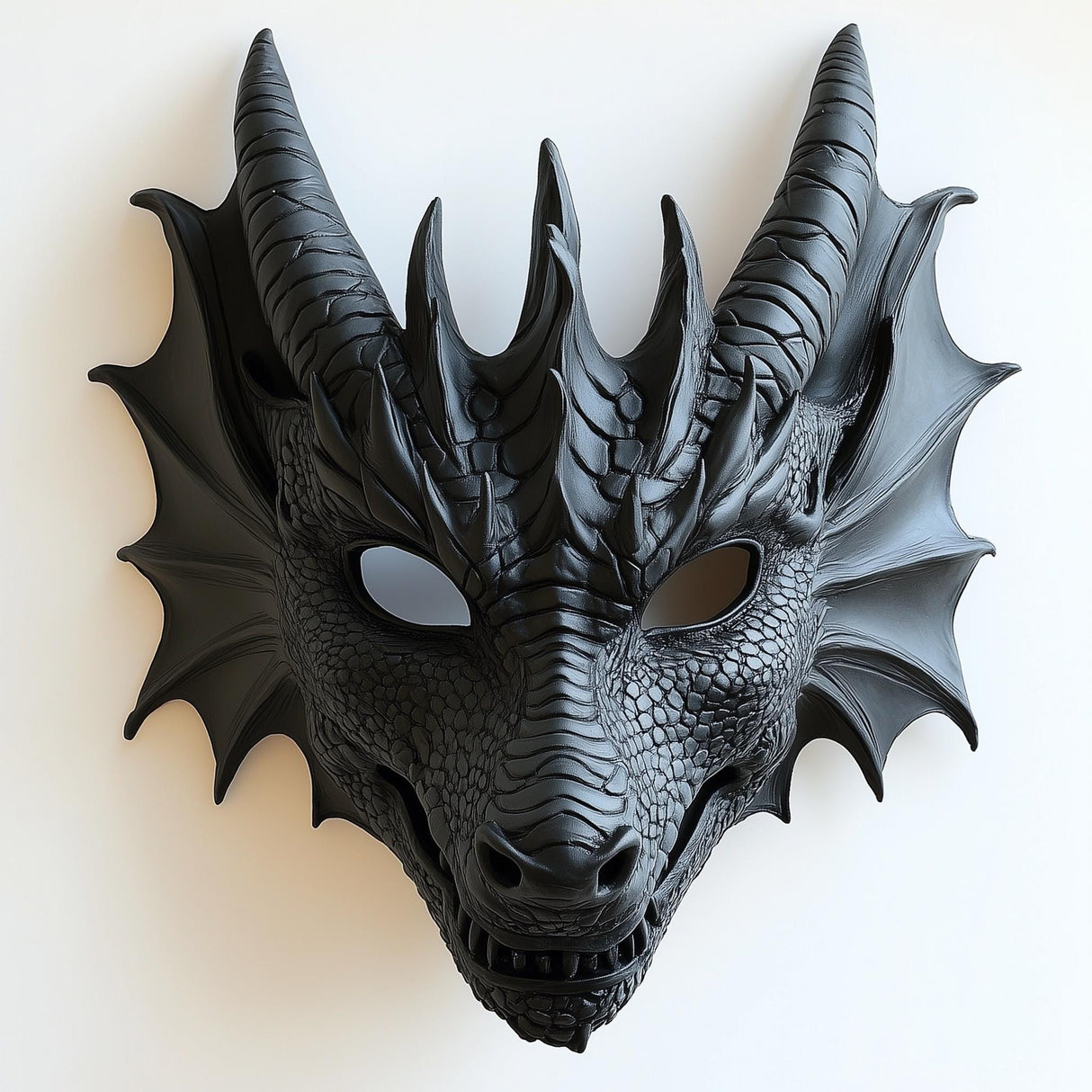 3D printed dragon mask with intricate scales and fierce horns, perfect for cosplay and Renaissance fairs.