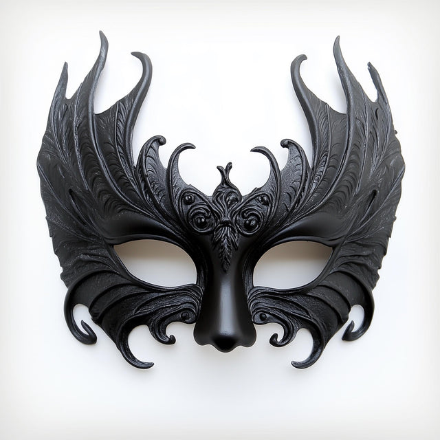 Elegant black 3D-printed gothic masquerade mask with ornate filigree details, perfect for dark fantasy costumes.