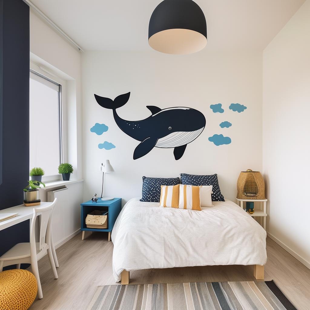 Whale wall decal in kids' bedroom with soft clouds, ocean-inspired decor for nursery or playroom.