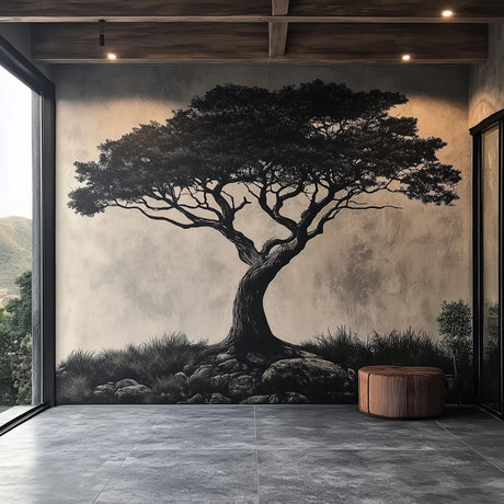 Large tree wall decal mural in a modern room, showcasing a rustic silhouette against a serene backdrop.