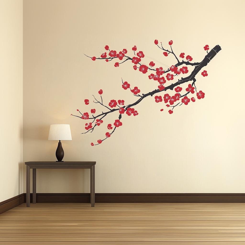 Chinese plum blossom wall decal on beige wall, featuring red flowers and black branch, ideal for elegant home decor.