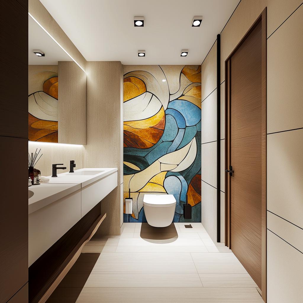 Modern bathroom with abstract geometric mural in earthy and blue tones, featuring stylish fixtures and minimalist design.