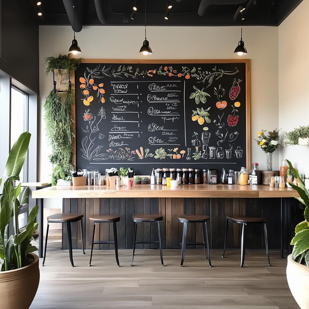 Chalkboard menu display in a stylish café with seating and decorative plants.