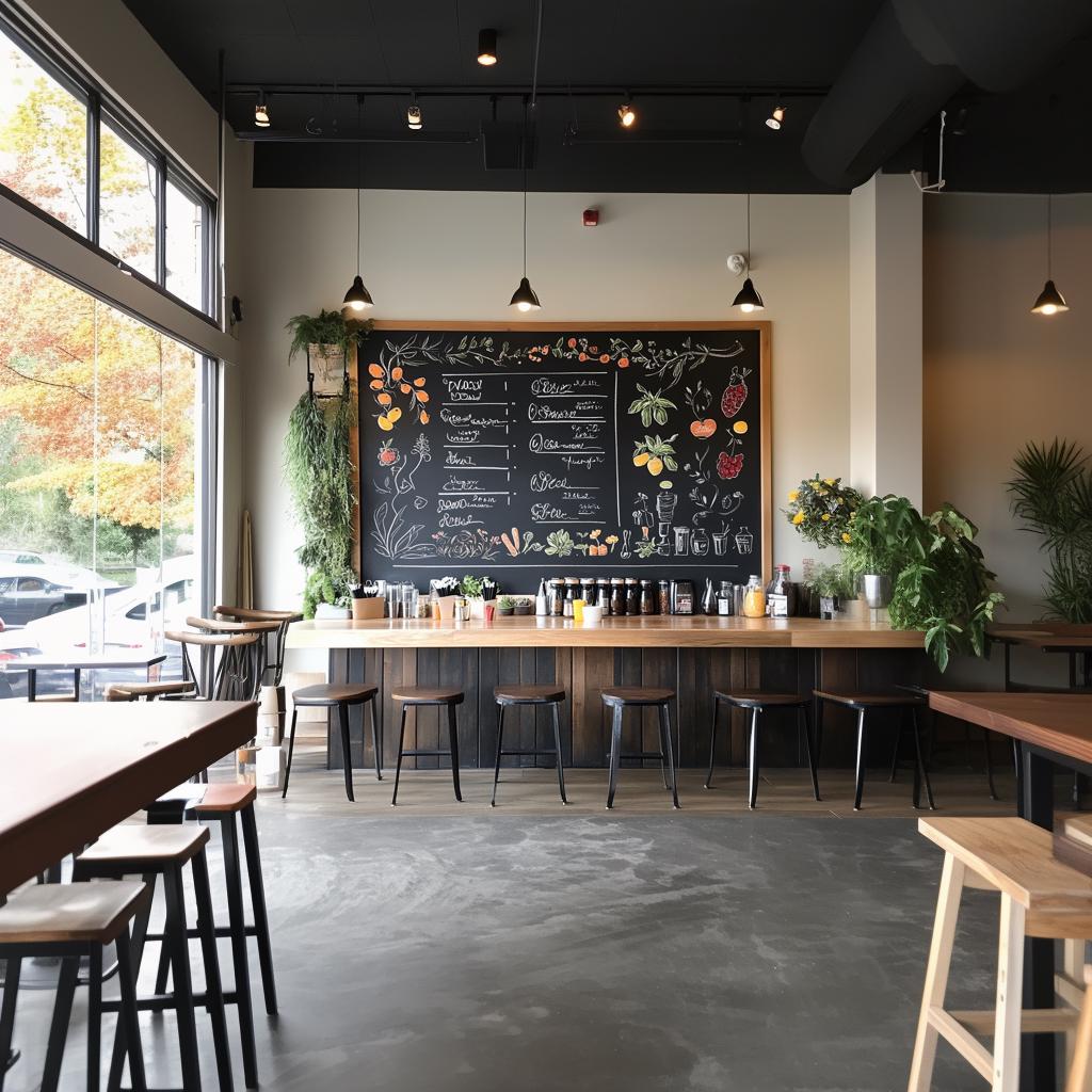 Modern cafe interior with chalkboard wall displaying menu, wooden tables, and stools in warm lighting.
