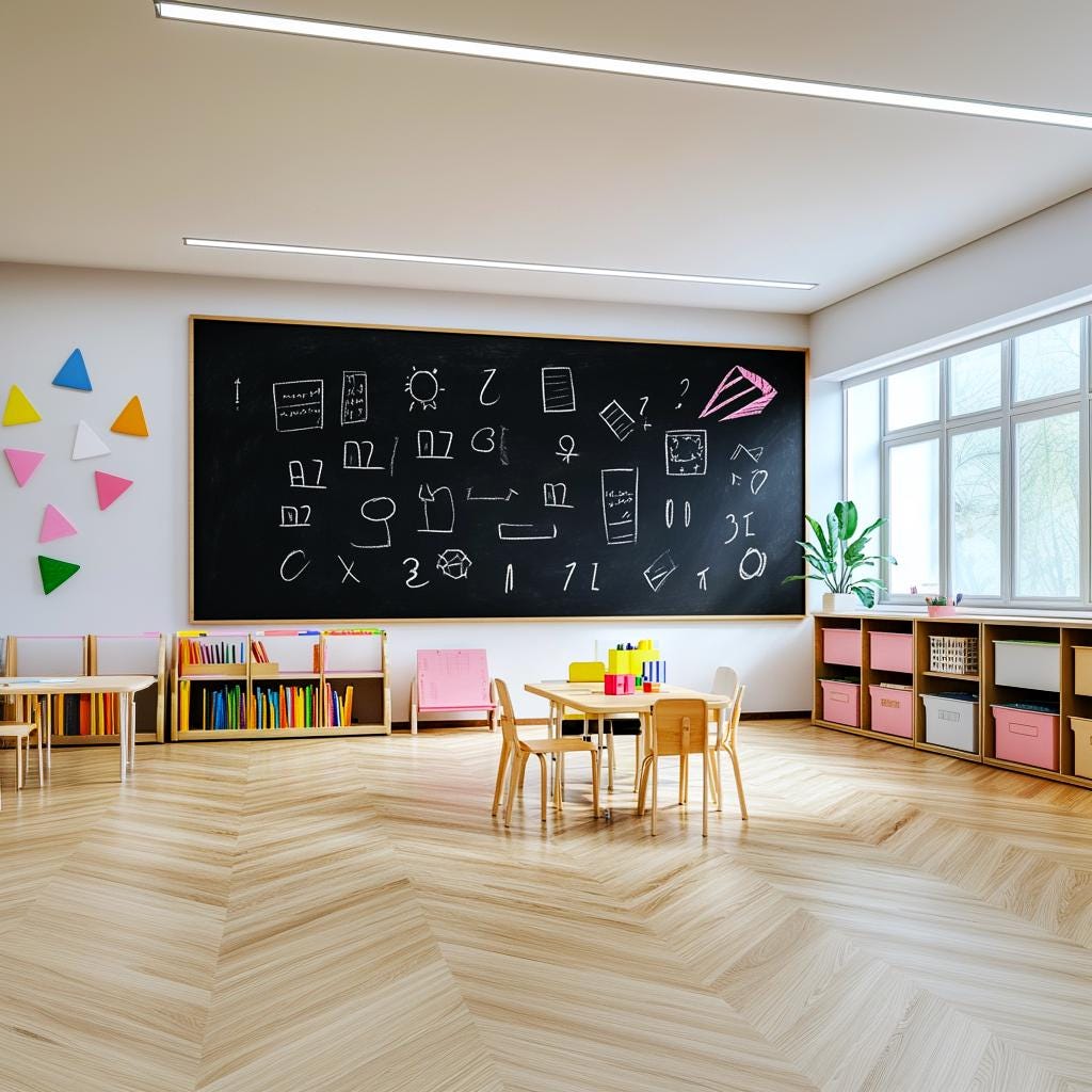 Bright classroom featuring a large chalkboard, colorful wall decor, and wooden furniture for engaging learning.