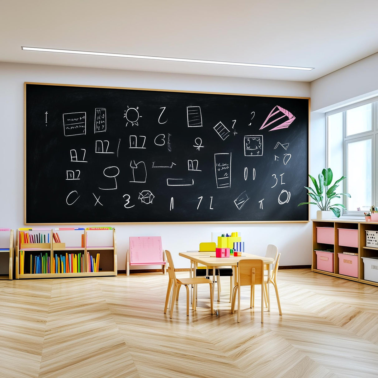 Classroom with a large chalkboard wall decal featuring various doodles, bright furniture, and learning materials.