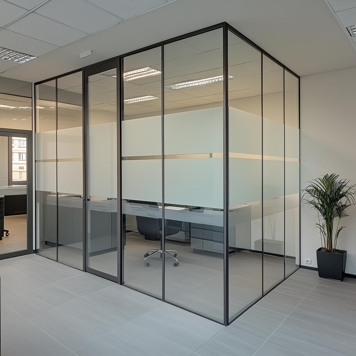 Modern office with glass partitions featuring frosted sections for privacy and natural light.