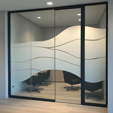 Frosted glass privacy sticker with wave design on office partitions, enhancing aesthetics while maintaining privacy.