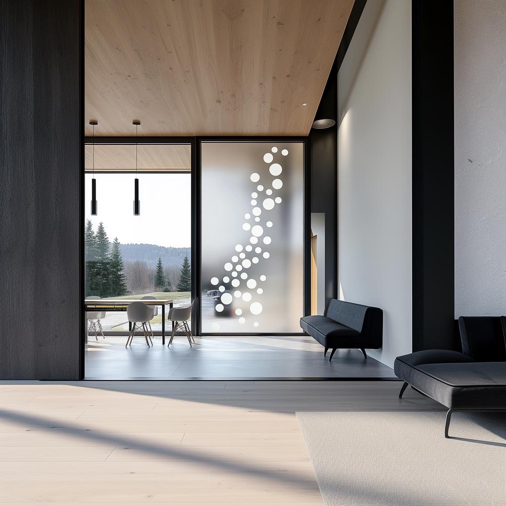 Stylish interior featuring Bubble Frosted Glass Privacy Sticker with circles on a glass door, enhancing privacy and natural light.