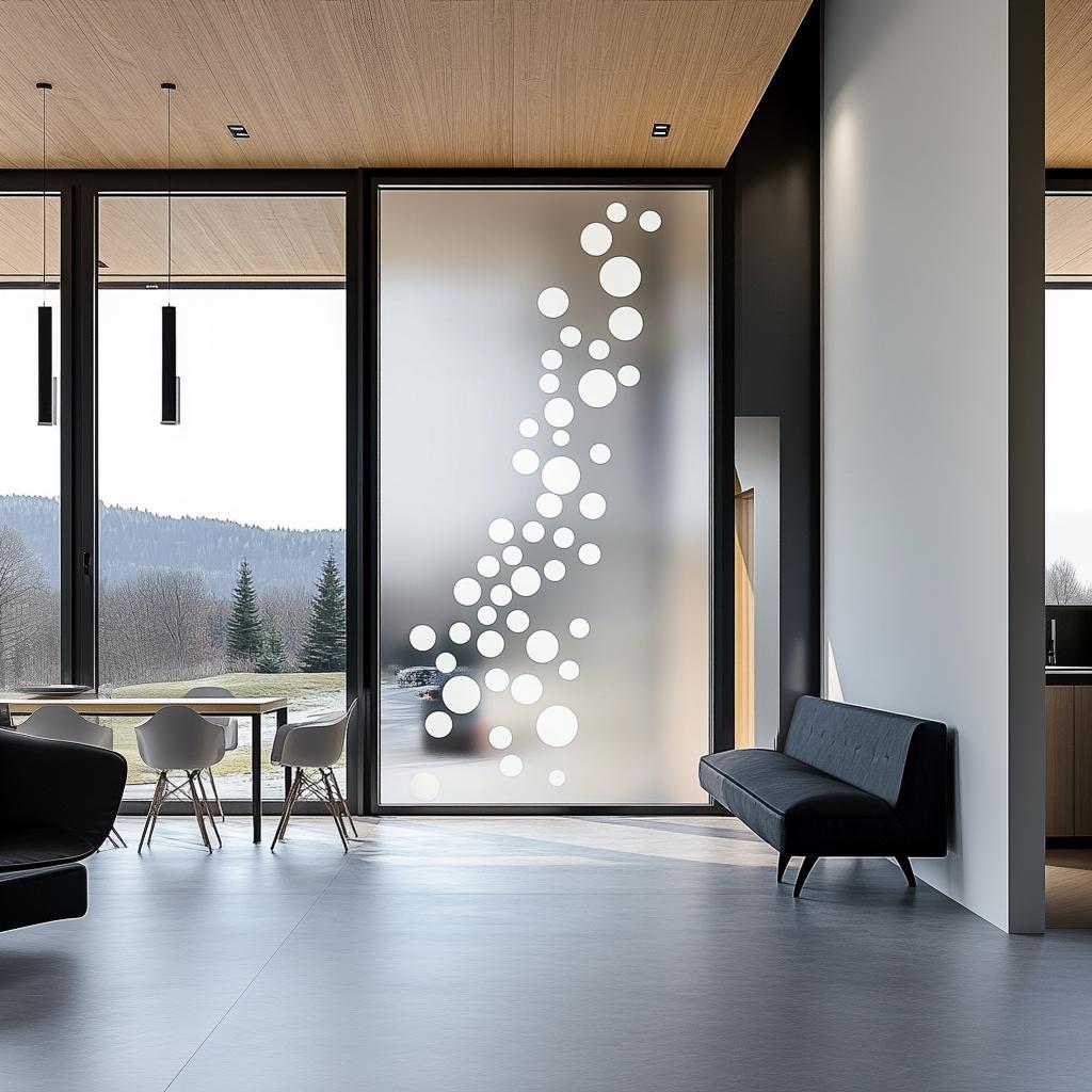 Modern bubble frosted glass privacy sticker with white circles on a large window in a stylish home interior.