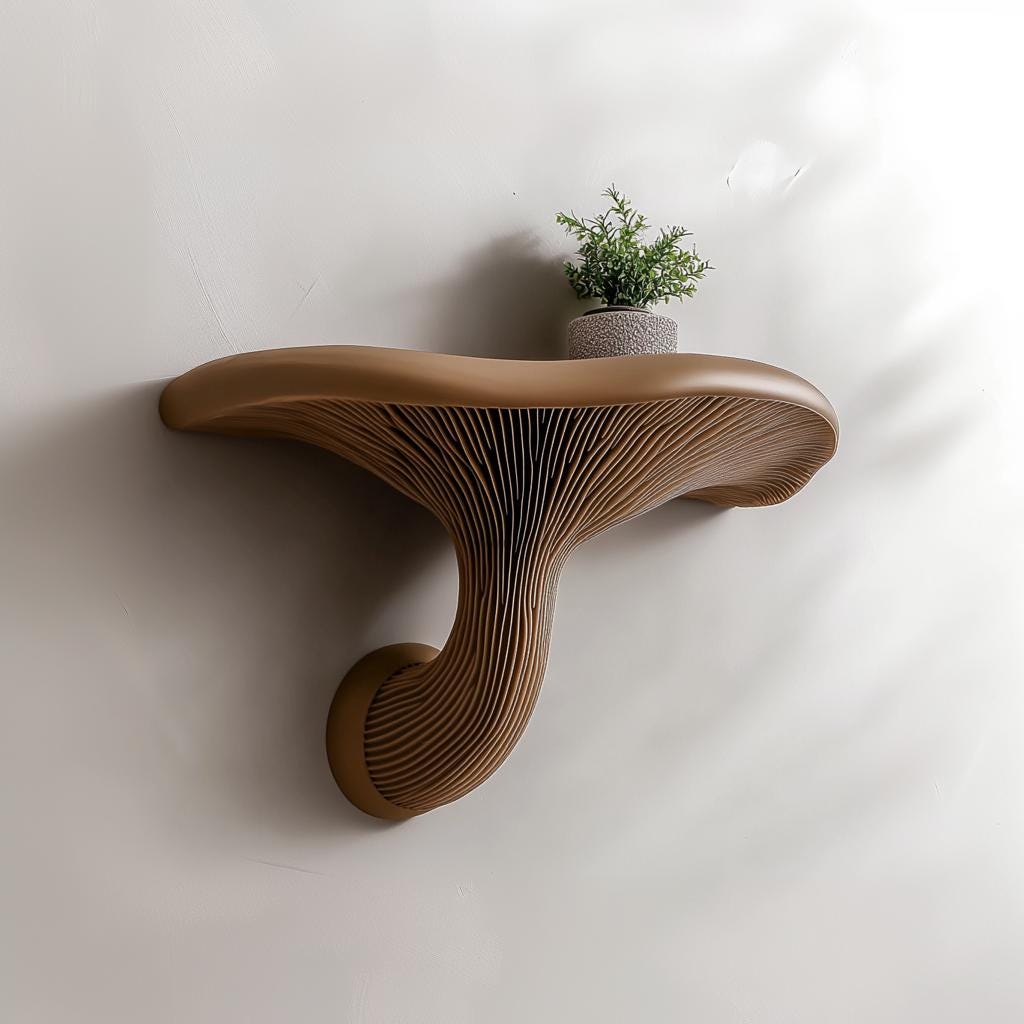 3D printed mushroom shelf wall decor with elegant organic design and a small potted plant, perfect for modern home accents.