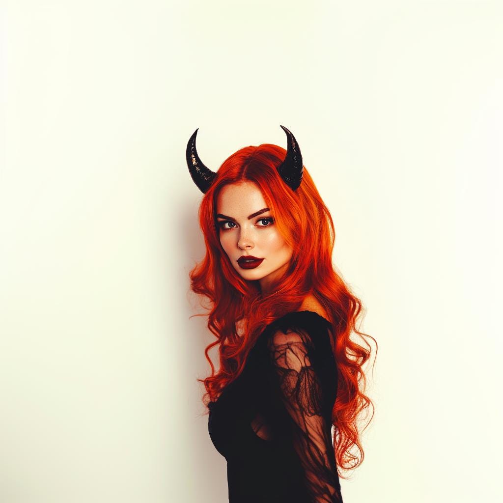 Model showcasing black devil horns headband with curly red hair and gothic makeup, perfect for Halloween or cosplay.