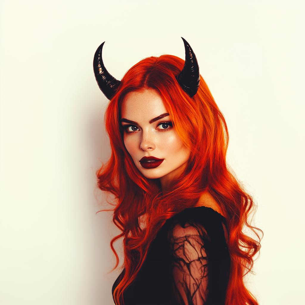 Model with striking red hair wearing black devil horns headband, perfect for gothic and cosplay looks.