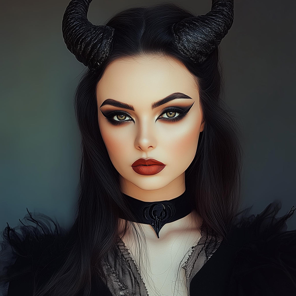 Cosplay model showcasing gothic demon horns, featuring dramatic makeup and dark fashion elements.