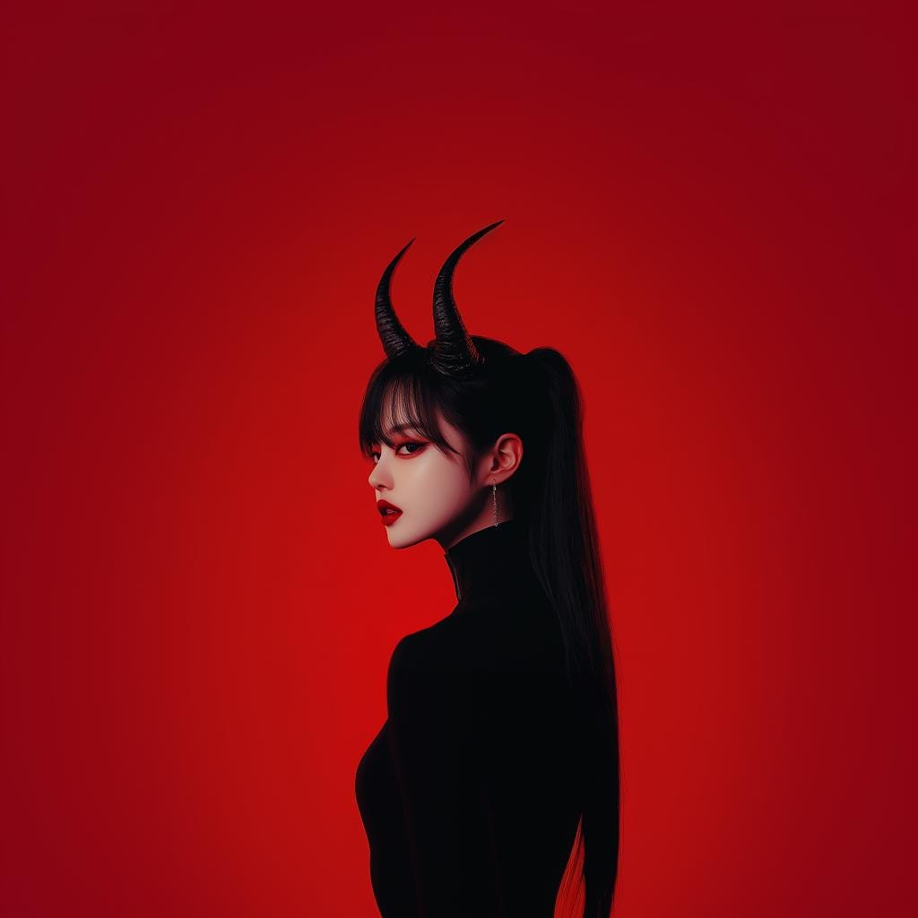 Model wearing 3D printed demon horns on a red background, showcasing gothic cosplay style and fantasy costume accessories.