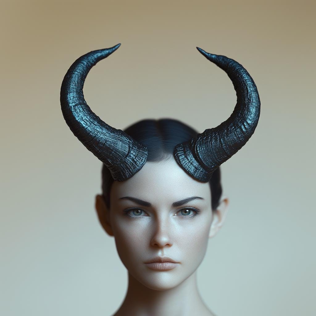 3D printed curved black horns headpiece on a model's head, ideal for cosplay and Halloween costumes.