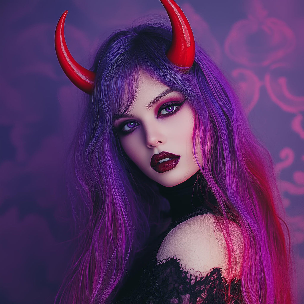 Model with purple hair and red demon horns, showcasing gothic costume accessories for cosplay and Halloween.