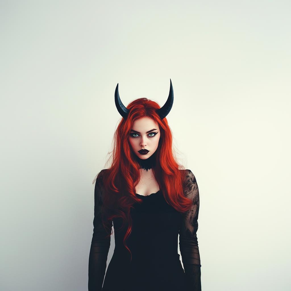 Model with red hair wearing black demon horns and gothic attire, perfect for Halloween or cosplay.