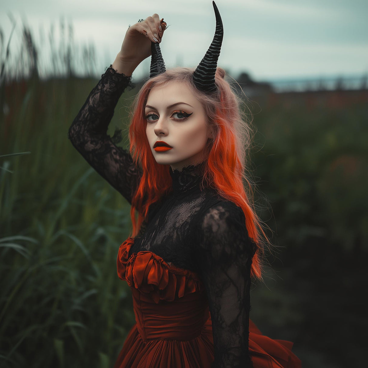 Gothic model with black demon horns, red hair, and lace dress in a dark fantasy setting.