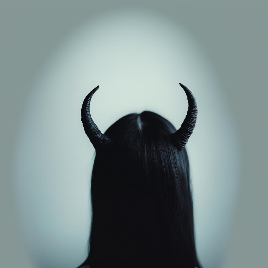 Black 3D-printed small demon horns on long dark hair, ideal for cosplay and Halloween costumes.