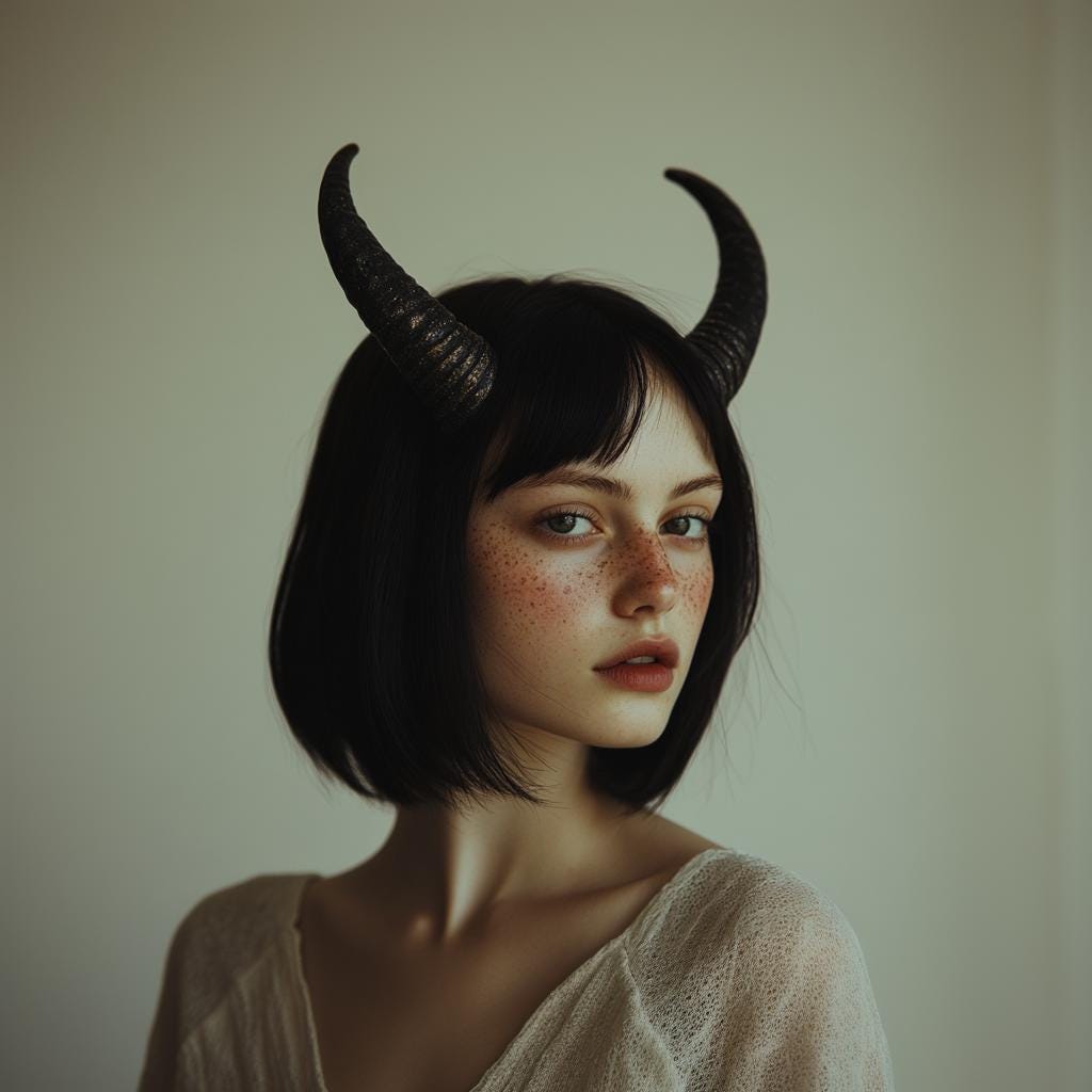 Model wearing subtle 3D-printed demon horns, showcasing gothic fantasy aesthetic for cosplay or Halloween.