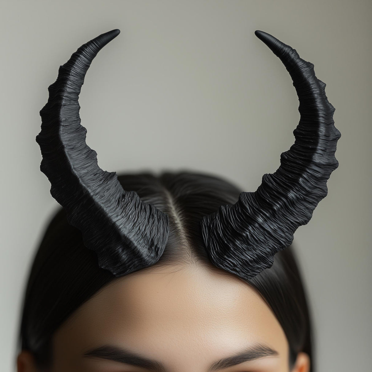 Textured demon horns on a model's head, perfect for gothic cosplay and Halloween accessories.