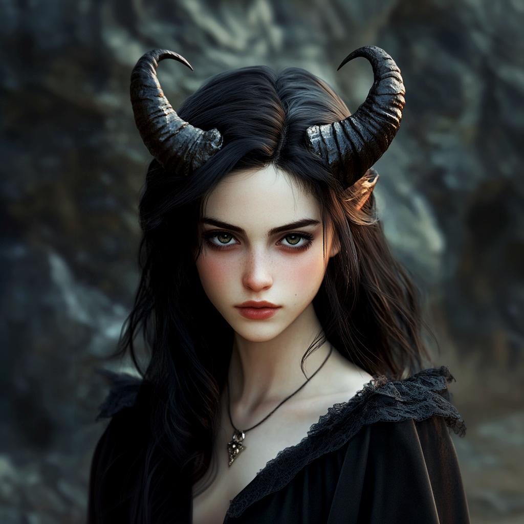 3D printed curved ram horns on a gothic female model, ideal for fantasy cosplay or Halloween costumes.