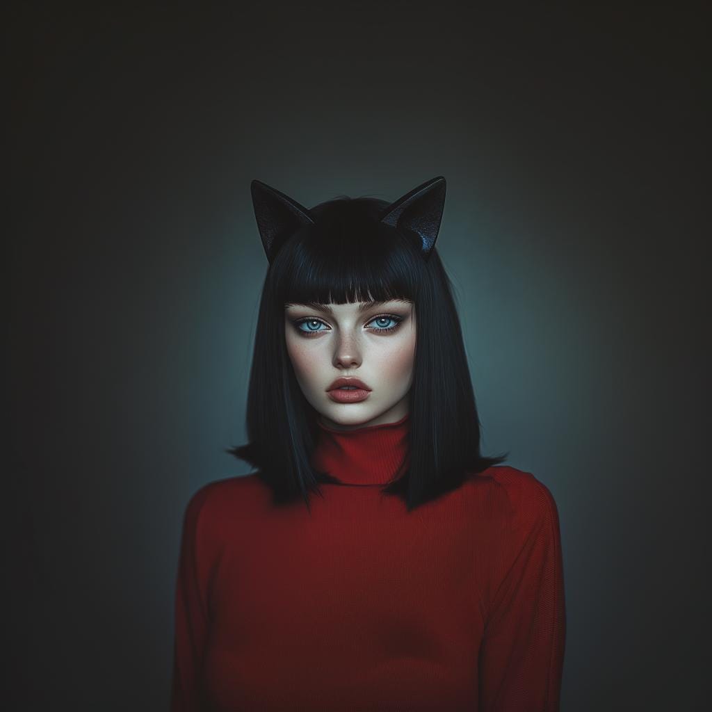 Model wearing a cat ears headband, showcasing a gothic look with striking blue eyes and a black bob haircut.