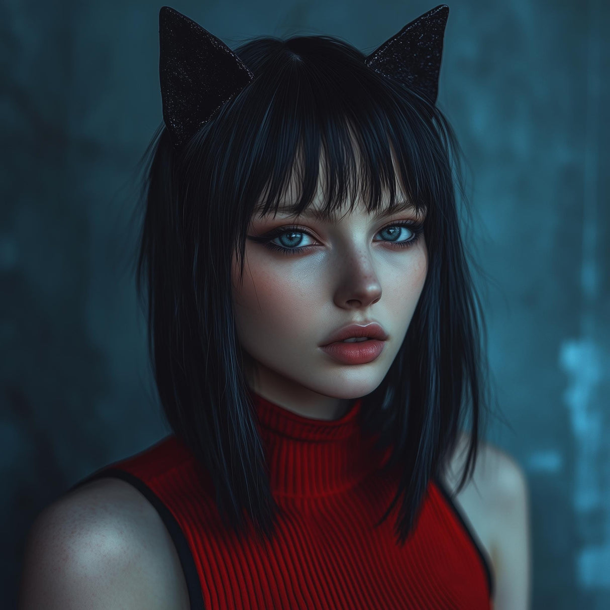 Model wearing sleek 3D printed cat ears headband, showcasing gothic style and feline-inspired look.