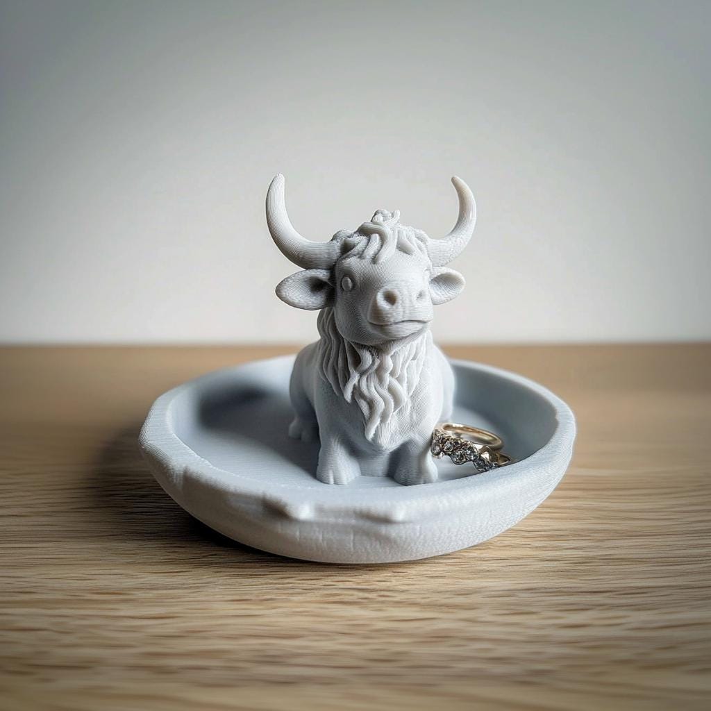 Adorable 3D-printed highland cow jewelry dish with ring holder, perfect for farmhouse decor and organizing trinkets.