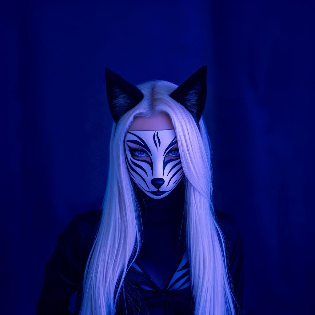 Model wearing a 3D-printed Kitsune mask with fox ears, styled with long white hair against a blue background.