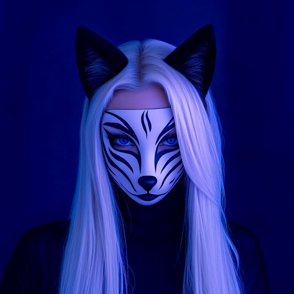 3D-printed Kitsune mask with blue eyes and black ears, set against a dark blue background.