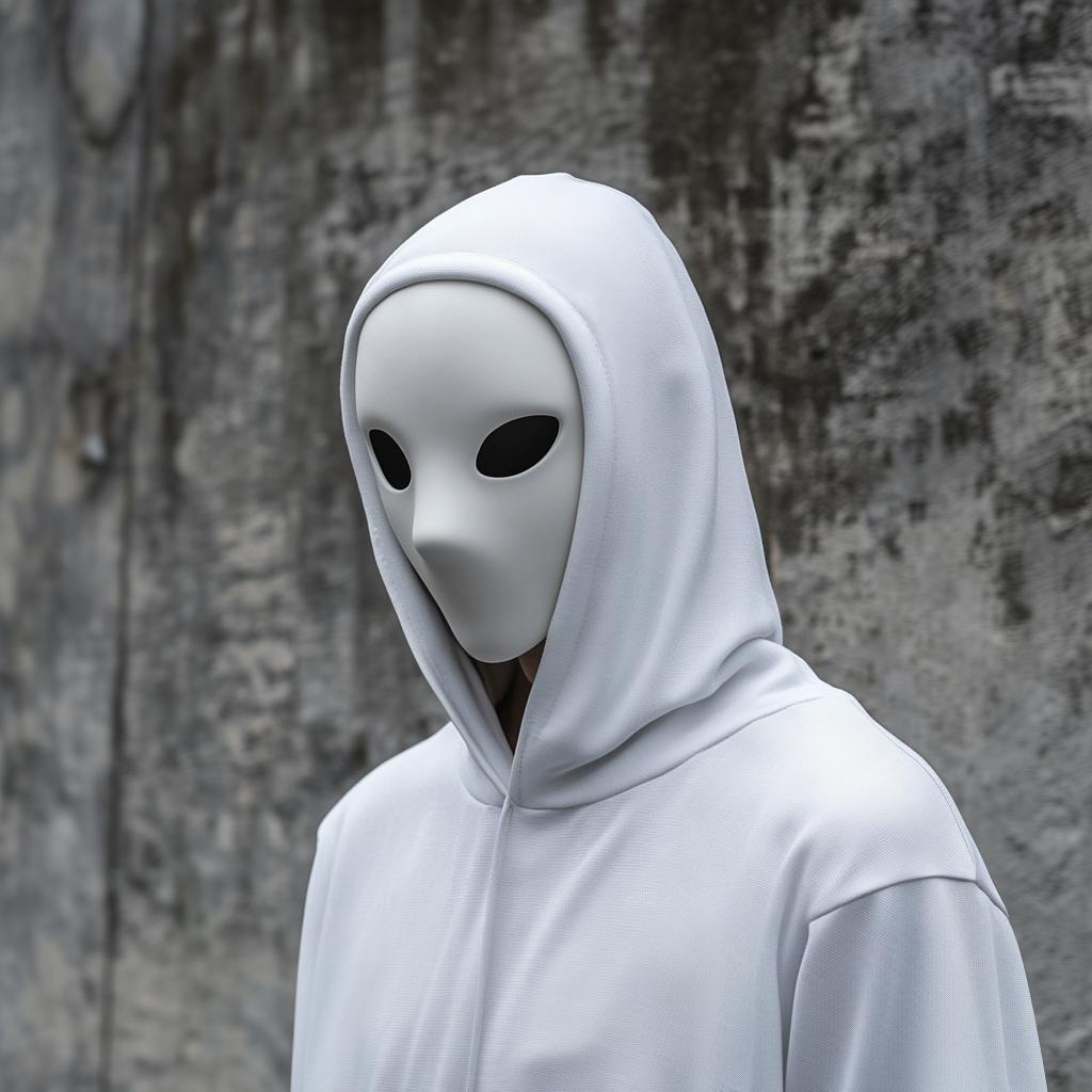 Minimalist faceless phantom mask worn with a hood against a textured gray background.