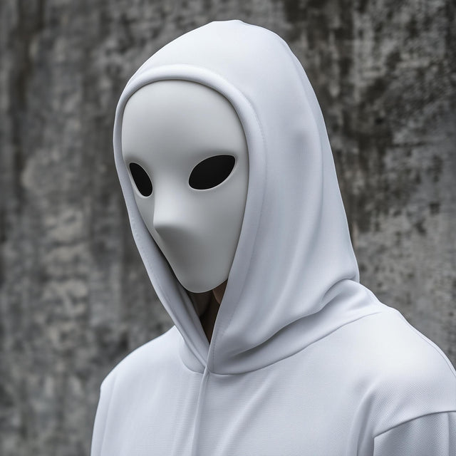 Faceless white phantom mask with black eyes, worn with a white hoodie against a textured gray background.