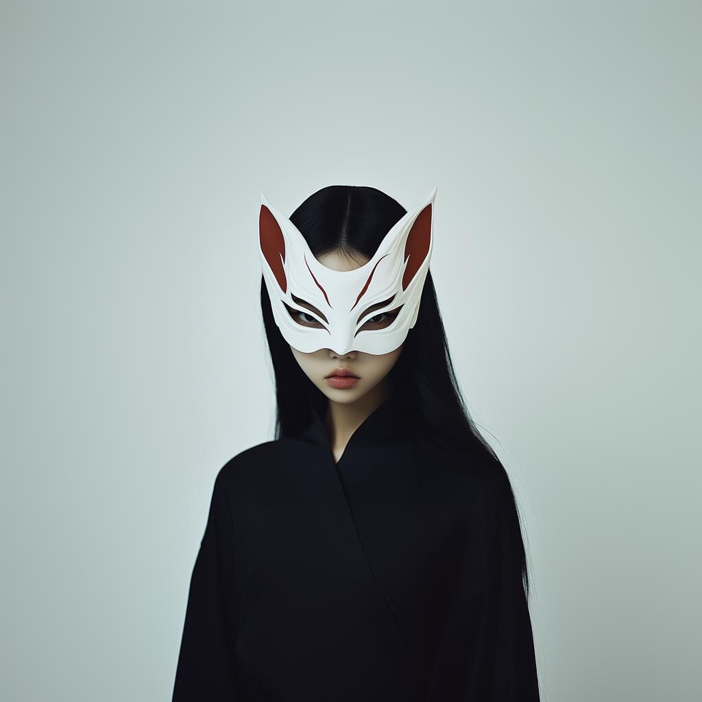 Elegant half face Japanese fox spirit mask worn by a person in black attire, inspired by folklore and anime aesthetics.
