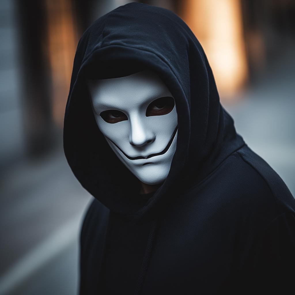 Person wearing a black hoodie and a white sinister smiling mask for Halloween or cosplay.