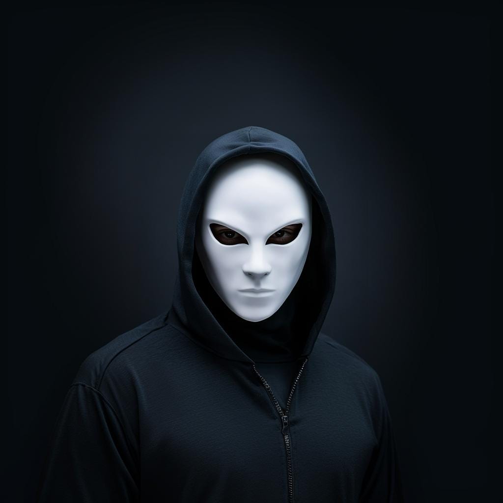 Anonymous Stealth Assassin mask with eerie white face in a hooded outfit, perfect for Halloween or cosplay.
