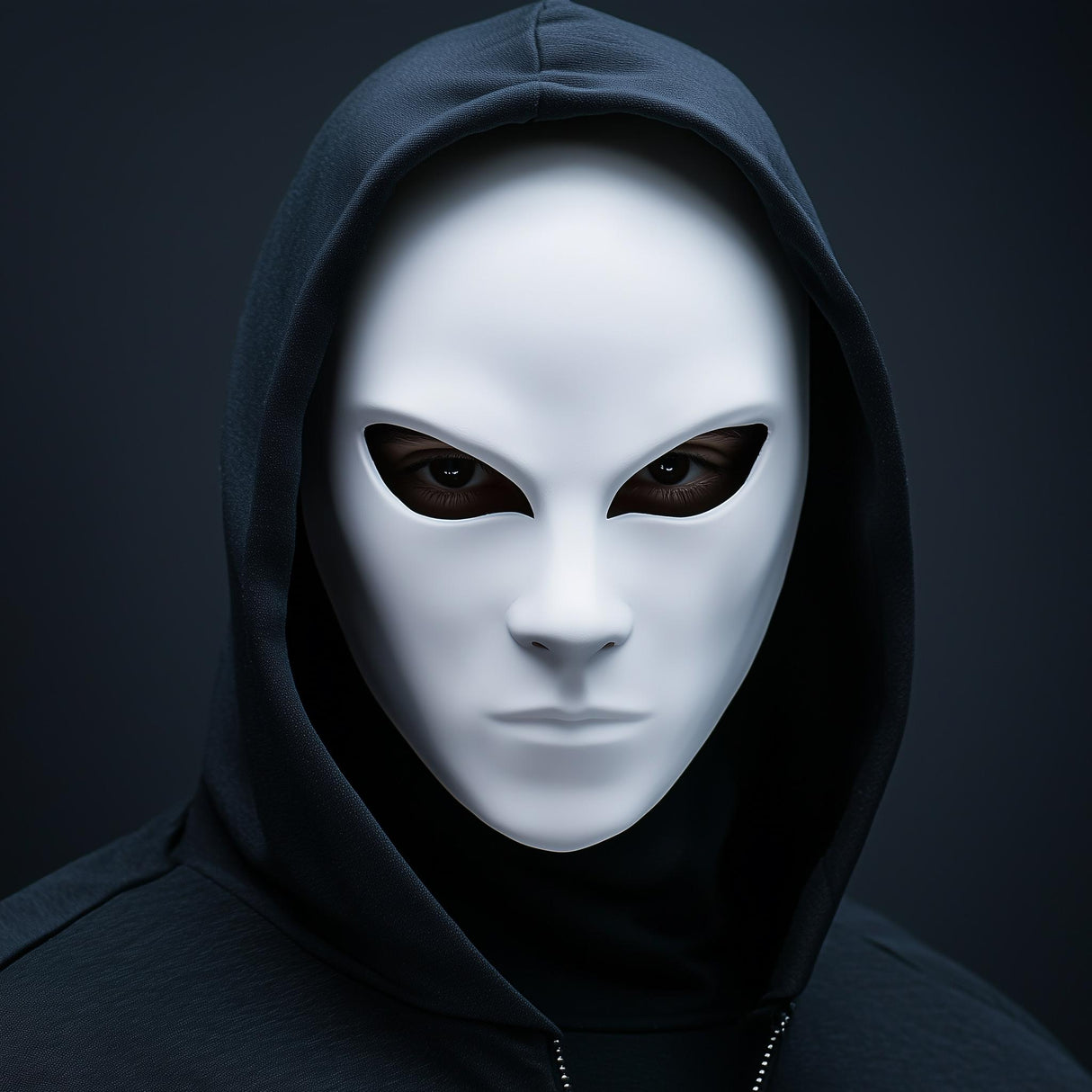 3D-printed faceless phantom mask with a hood, ideal for horror-themed costumes and cosplay.