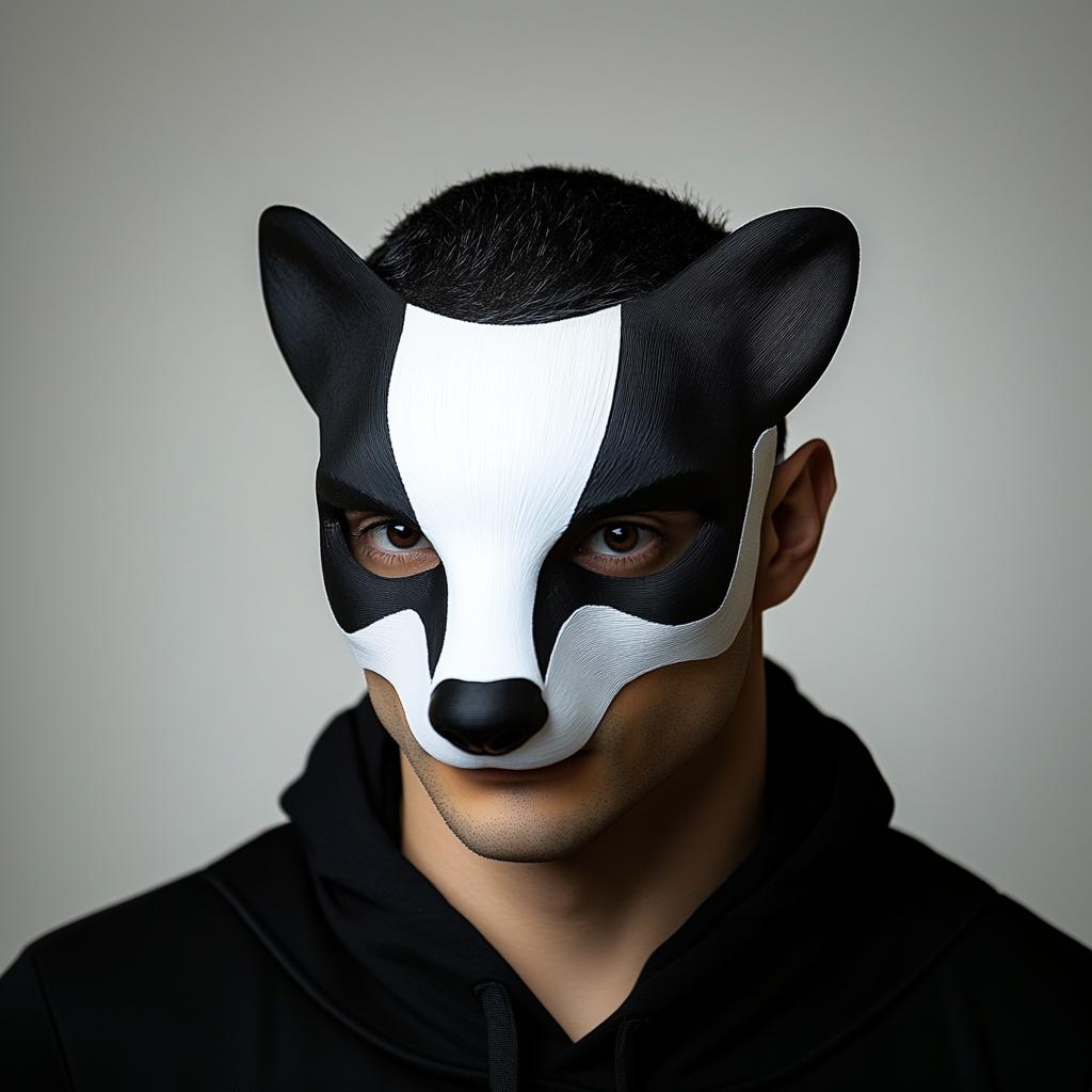 3D-printed badger mask on a person, perfect for cosplay, Halloween, and woodland-themed costumes.