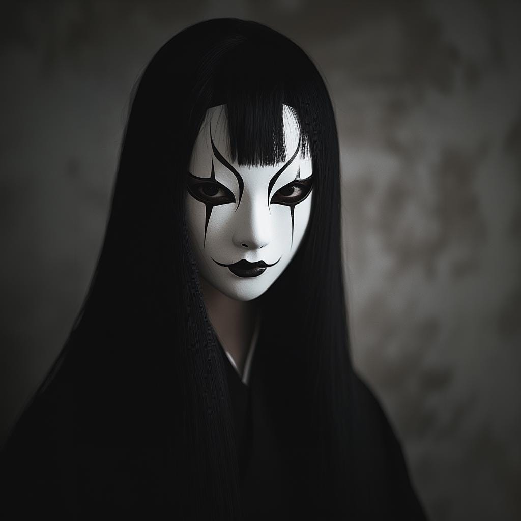 3D-printed Japanese ghost mask with haunting design and long black hair, perfect for cosplay and Halloween.