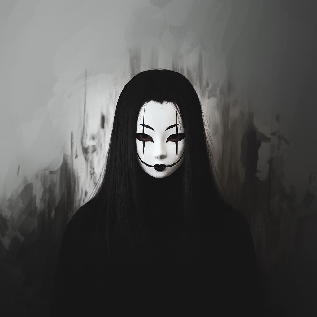 Eerie Japanese ghost spirit mask with long black hair, embodying haunting folklore aesthetics.