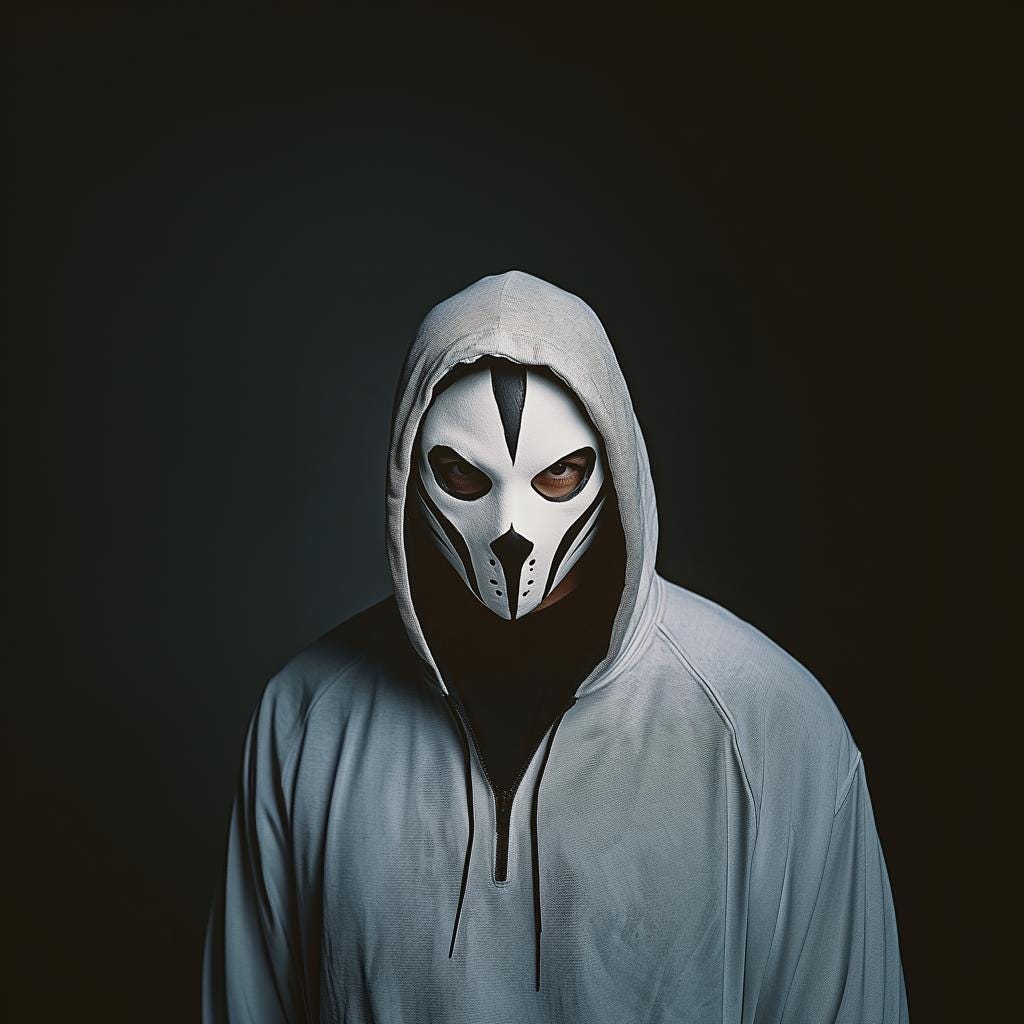 Person wearing a tactical phantom mask and hoodie, showcasing a stealthy, menacing look for cosplay or Halloween.
