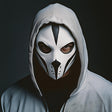 3D-printed tactical phantom mask worn by a figure in a hoodie, showcasing a menacing, stealthy design for cosplay.